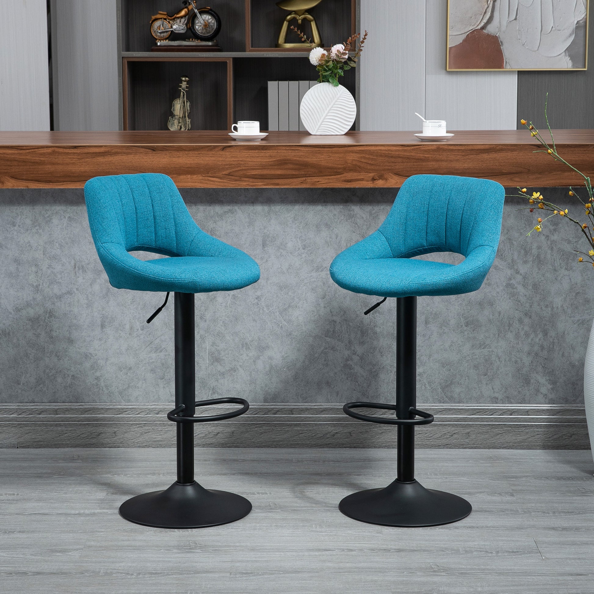 HOMCOM Set of 2 Swivel Blue Linen Adjustable Height Bar Stools