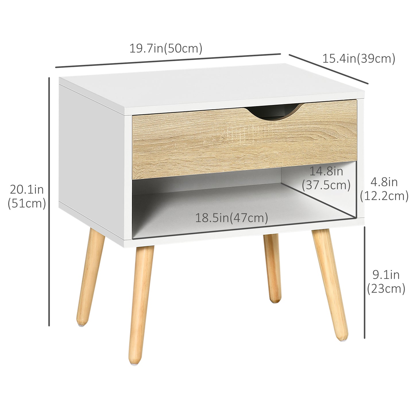 Modern Bedside Tables Set of 2 with Drawer, Shelf, Wood Legs