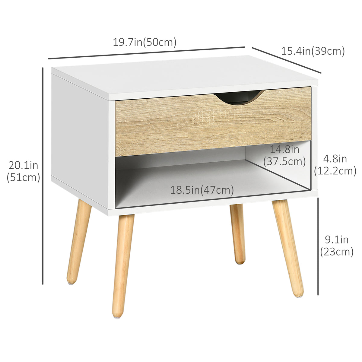 Nightstands with Drawer, Shelf and Wood Legs, Set of 2 – 20"W x 20"H