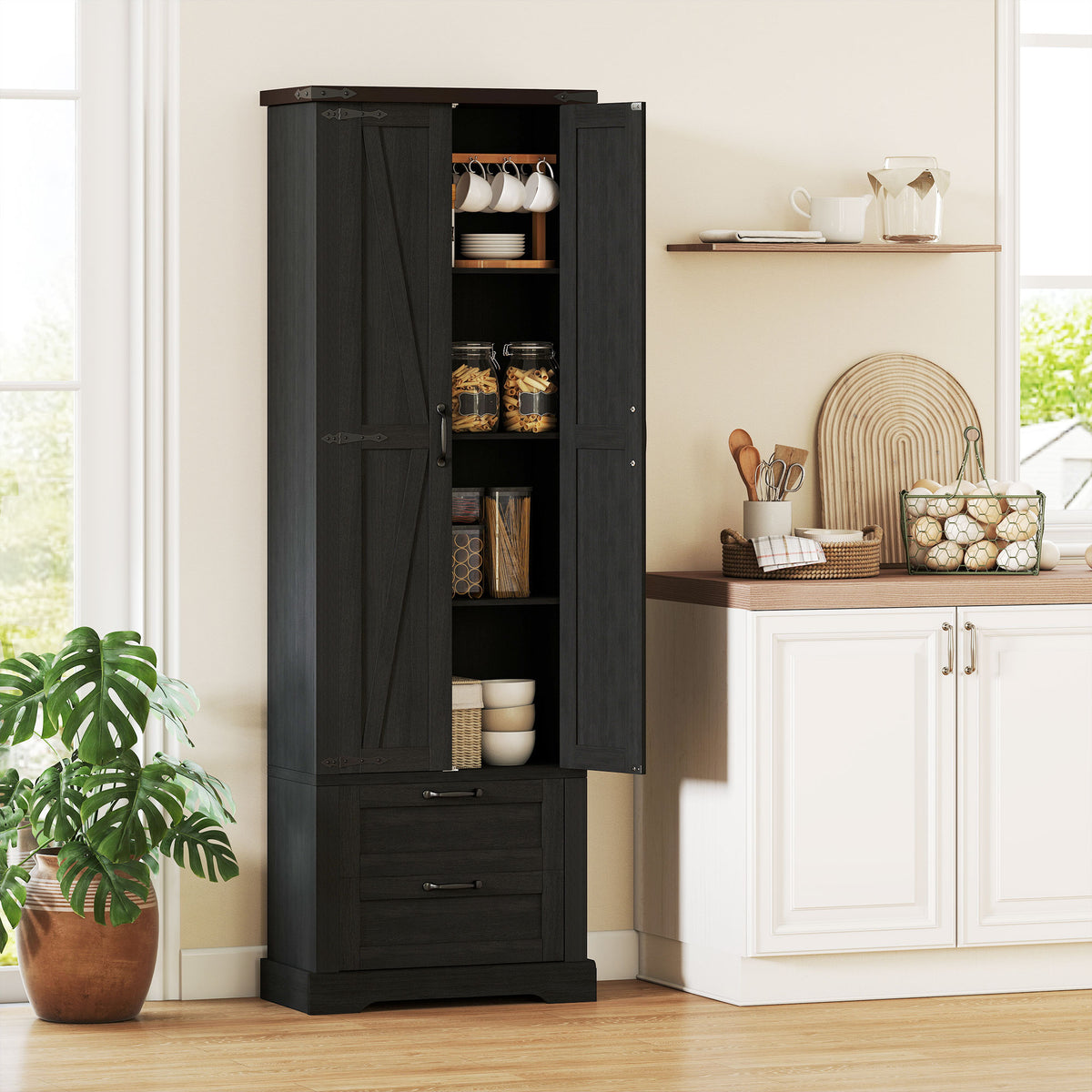 Farmhouse Kitchen Storage Cabinet with 2 Drawer and Adjustable Shelves – 24"W x 71"H