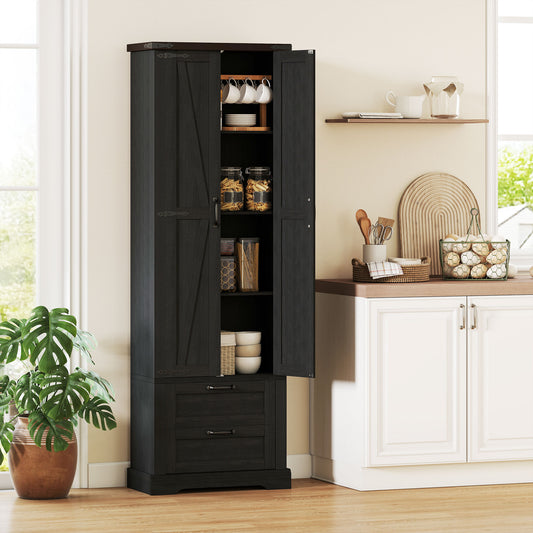 Farmhouse Kitchen Storage Cabinet with 2 Drawer and Adjustable Shelves – 24"W x 71"H