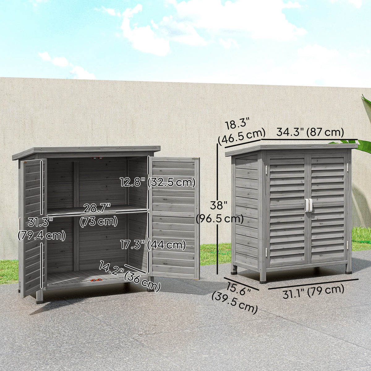 Wooden Garden Storage Shed Kit Wood Garage Tool Organisation Cabinet with 2 Door, 34" x 18" x 38" – Grey