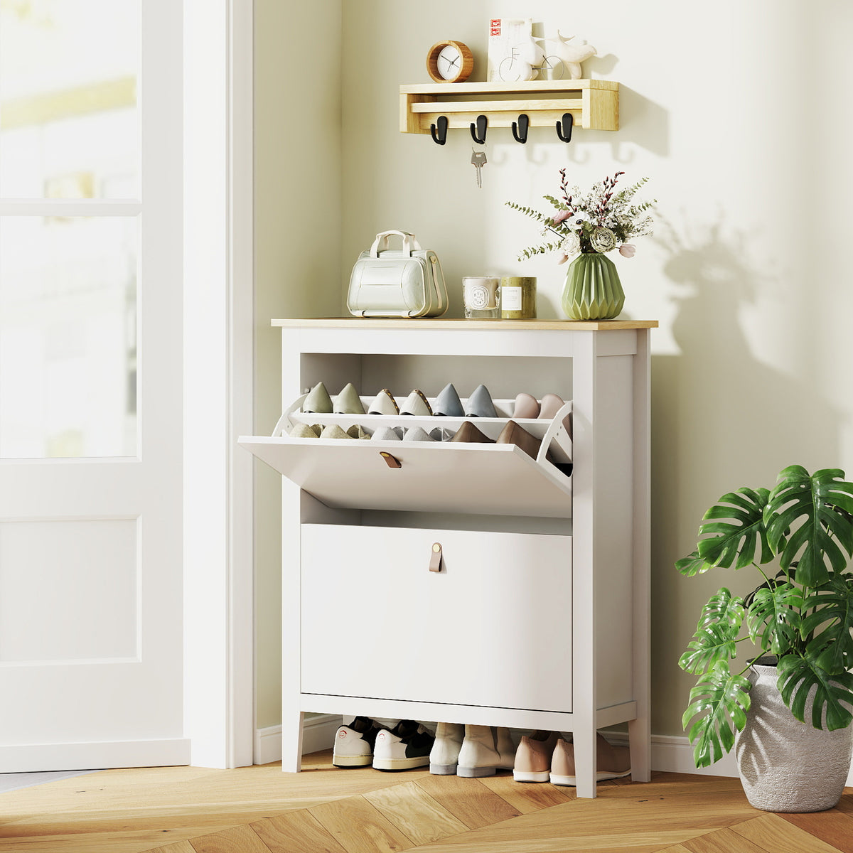 Narrow Shoe Cabinet with 2 Flip Drawers – 31"W x 38"H
