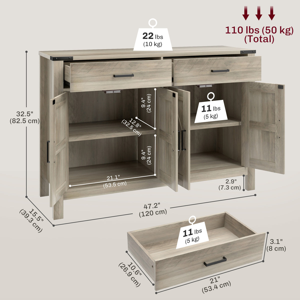 Farmhouse Kitchen Storage Cabinet with 2 Drawers and Shelves – 47"W x 33"H