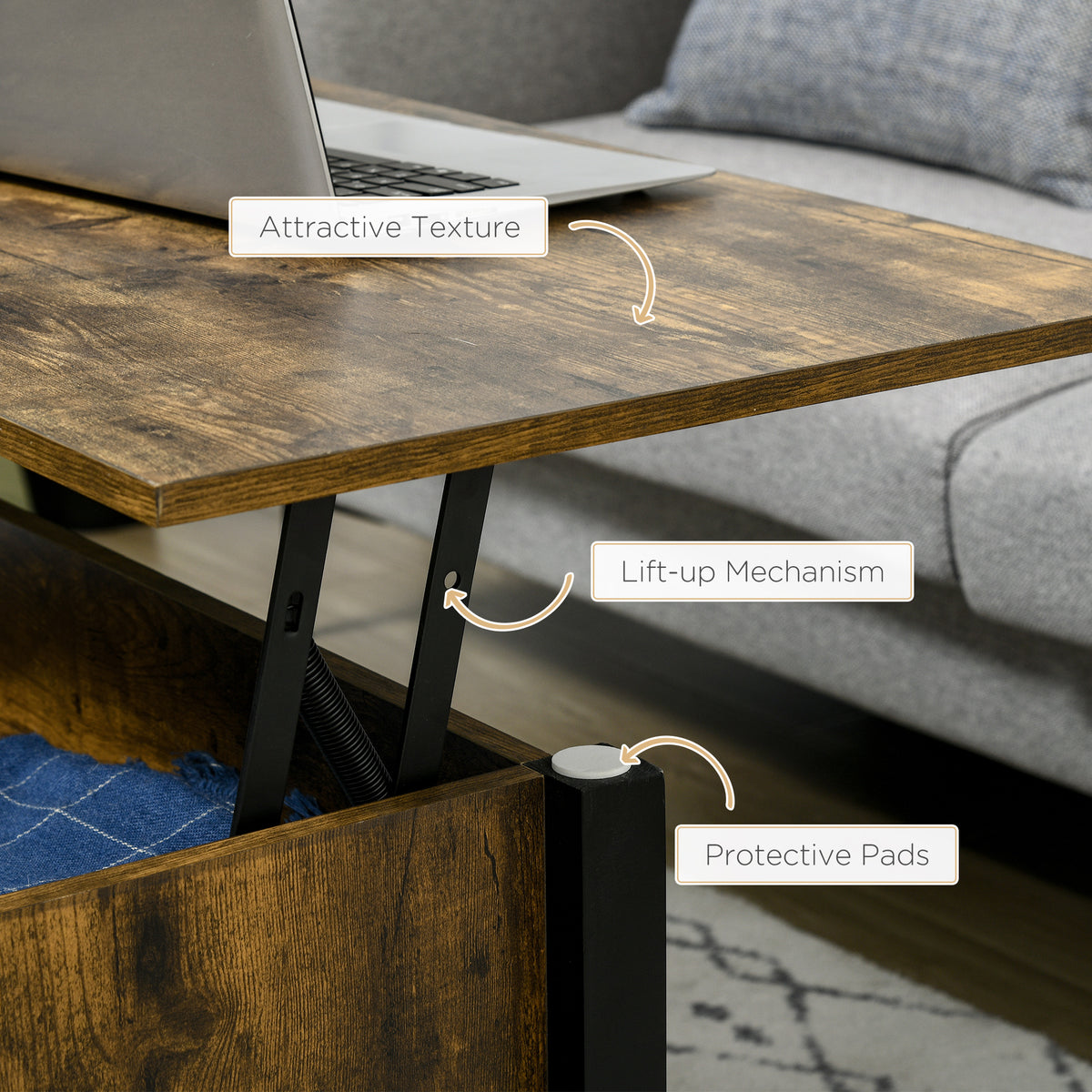 41" Lift-Top Coffee Table with Hidden Compartment and 3 Open Shelves