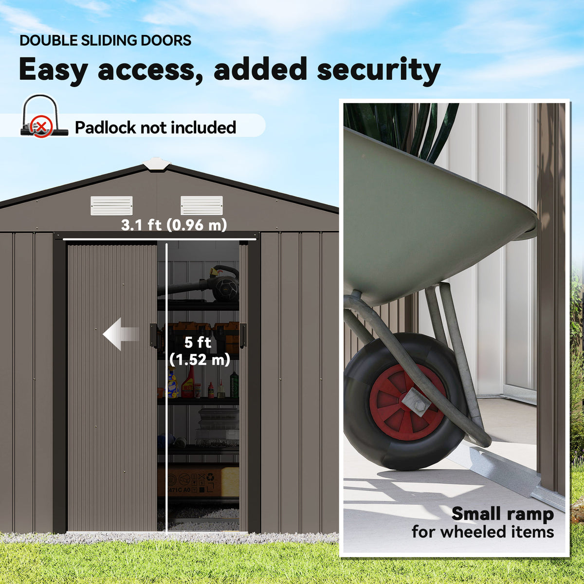 9.1'x6.4'x6.3' Garden Storage Shed, Outdoor Storage Tool House with Vents, Foundation and Lockable Double Doors – Brown