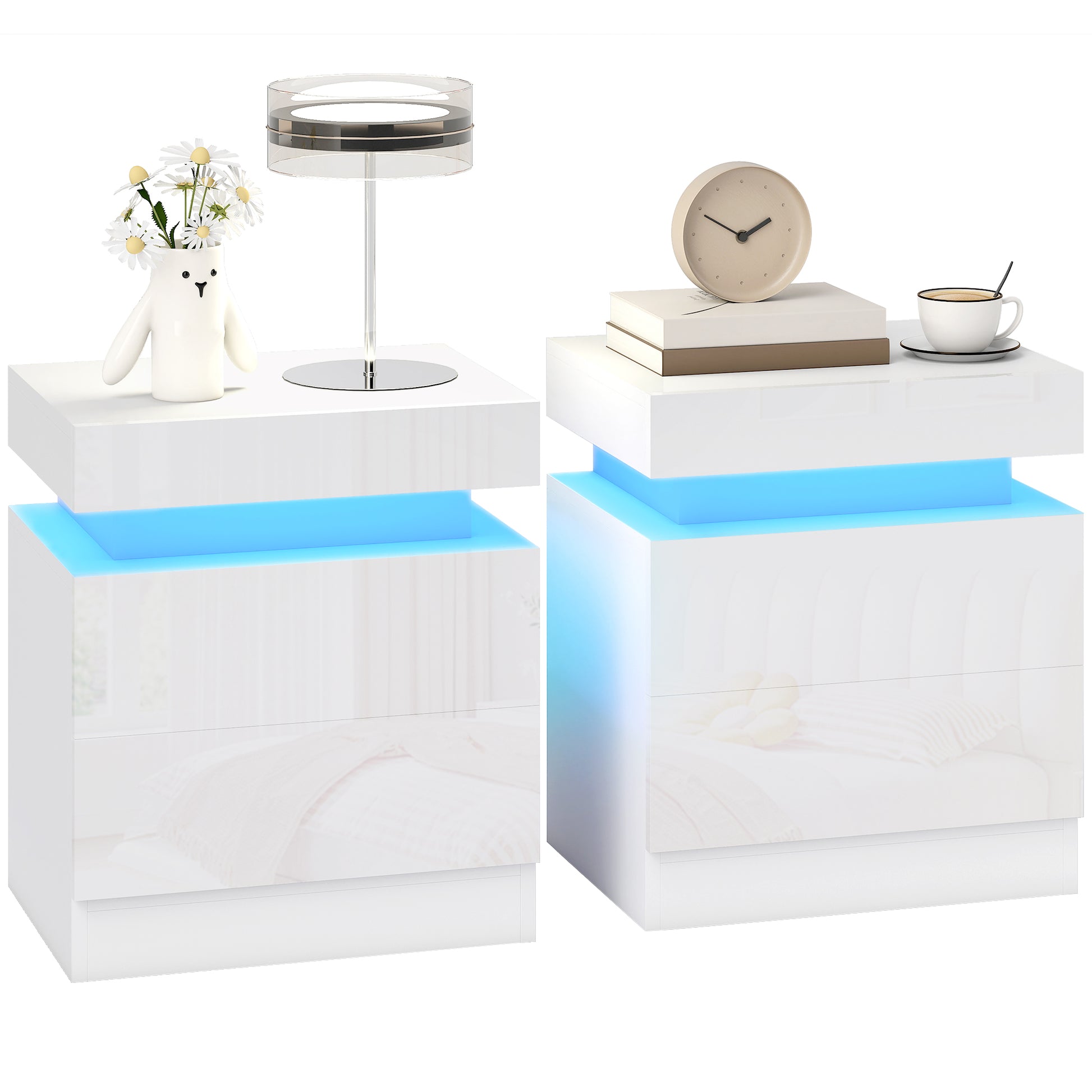 Modern Set of 2 HOMCOM LED Nightstands with 2 Drawers, White Bedside Tables