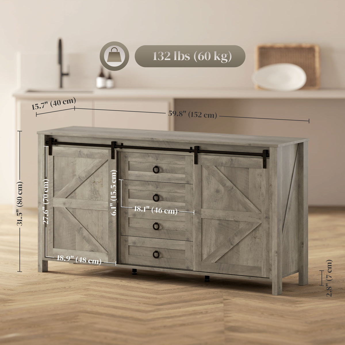 Farmhouse Sideboard with Sliding Barn Doors – 60"W x 31"H