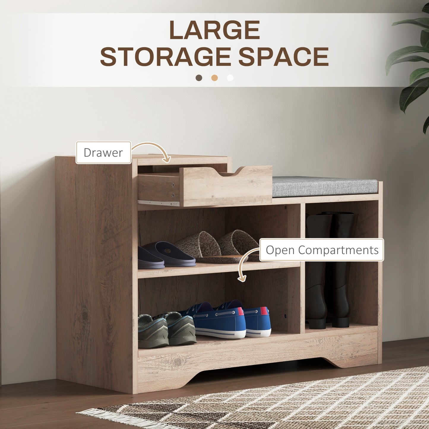 HOMCOM Grey Upholstered Entryway Shoe Storage Bench with Padded Seat and Shelves