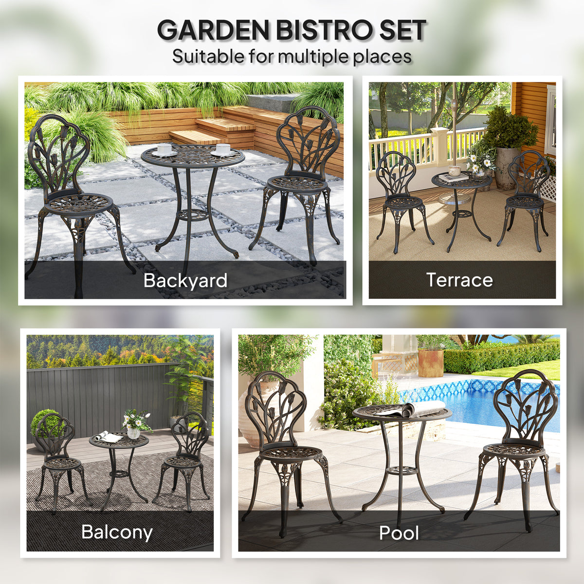 3PCs Patio Bistro Set, Outdoor Cast Aluminum Garden Table and Chairs with Umbrella Hole for Balcony, Bronze – Bronze