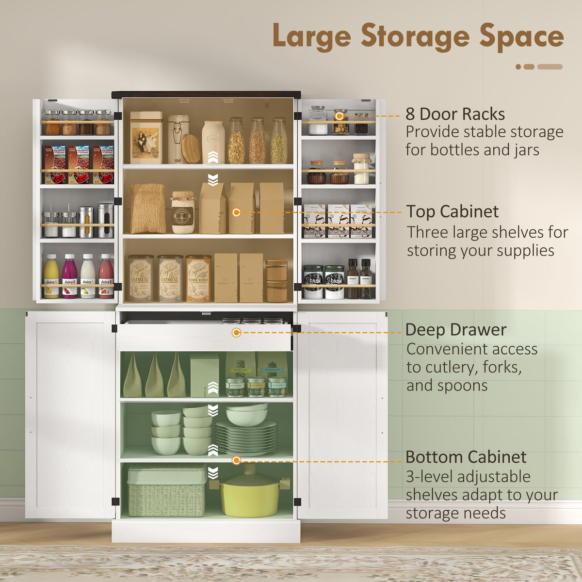 Farmhouse Storage Cabinet with 8 Door Racks and Adjustable Shelves – 30"W x 72"H