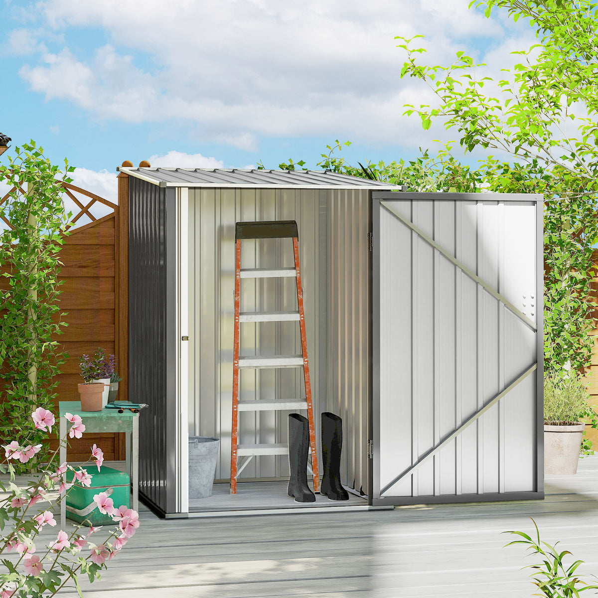 3.3' x 3.4' Lean-to Outdoor Garden Storage Shed, Galvanized Steel with Lockable Door for Patio – Grey