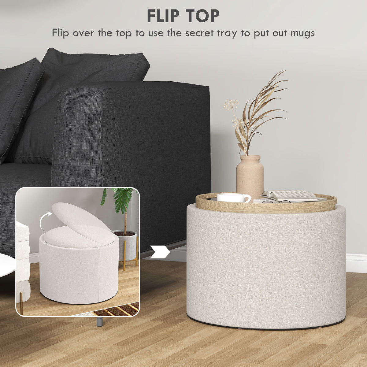 Round Storage Ottoman Coffee Table with Tray Top, Linen Upholstered
