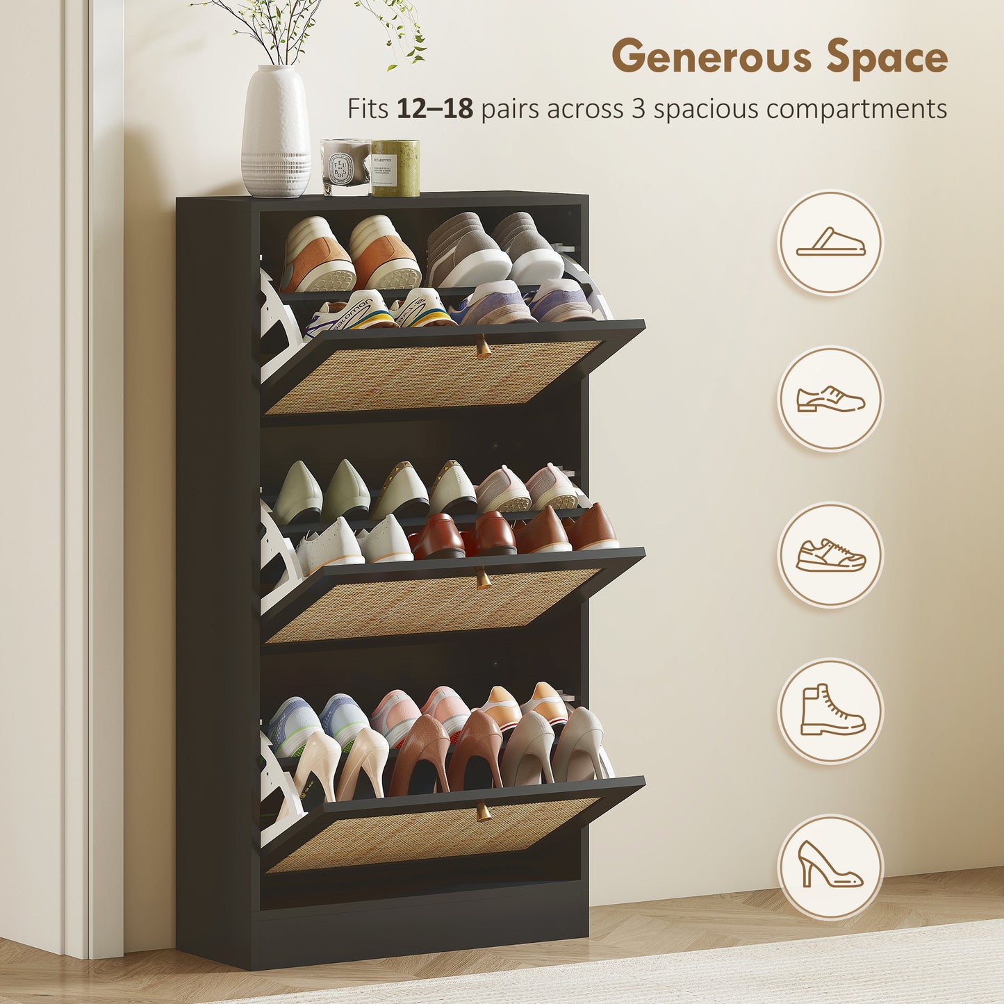 Elegant Rattan Entryway Shoe Cabinet with 3 Flip-Down Drawers, Adjustable Shelves, Organizes 18 Pairs