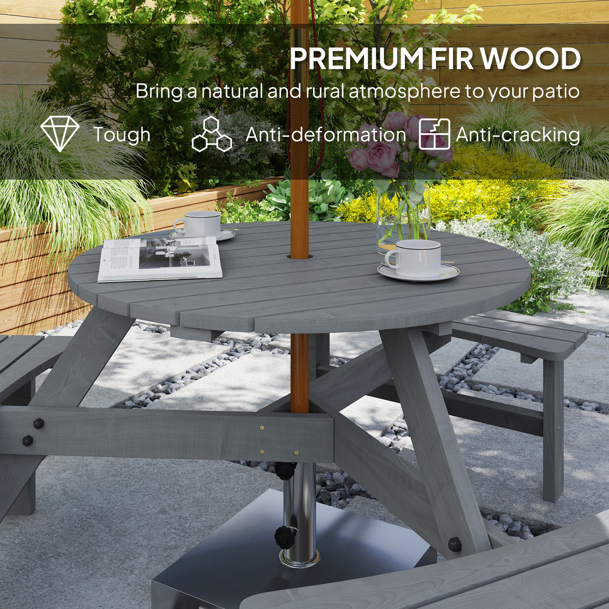 6 Person Round Picnic Table Bench Set with Umbrella Hole, Wood Patio Table with 3 Built-in Benches for Garden, Deck, Backyard – Grey