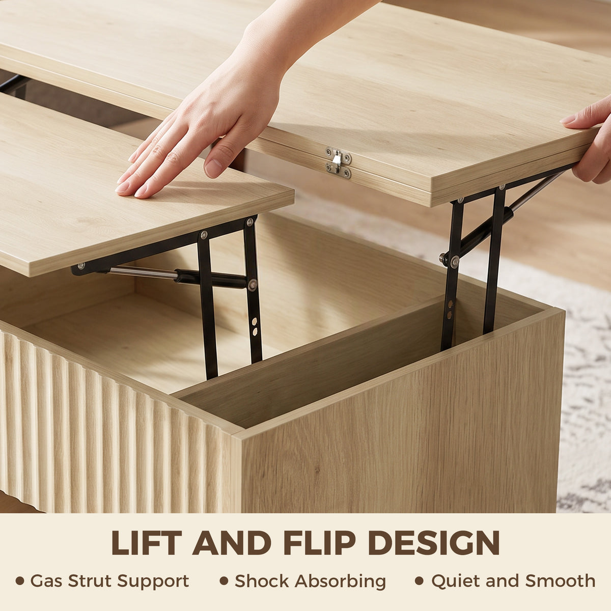 Lift-Top Coffee Table with Dual-Zone Expandable Top and Hidden Storage, Oak
