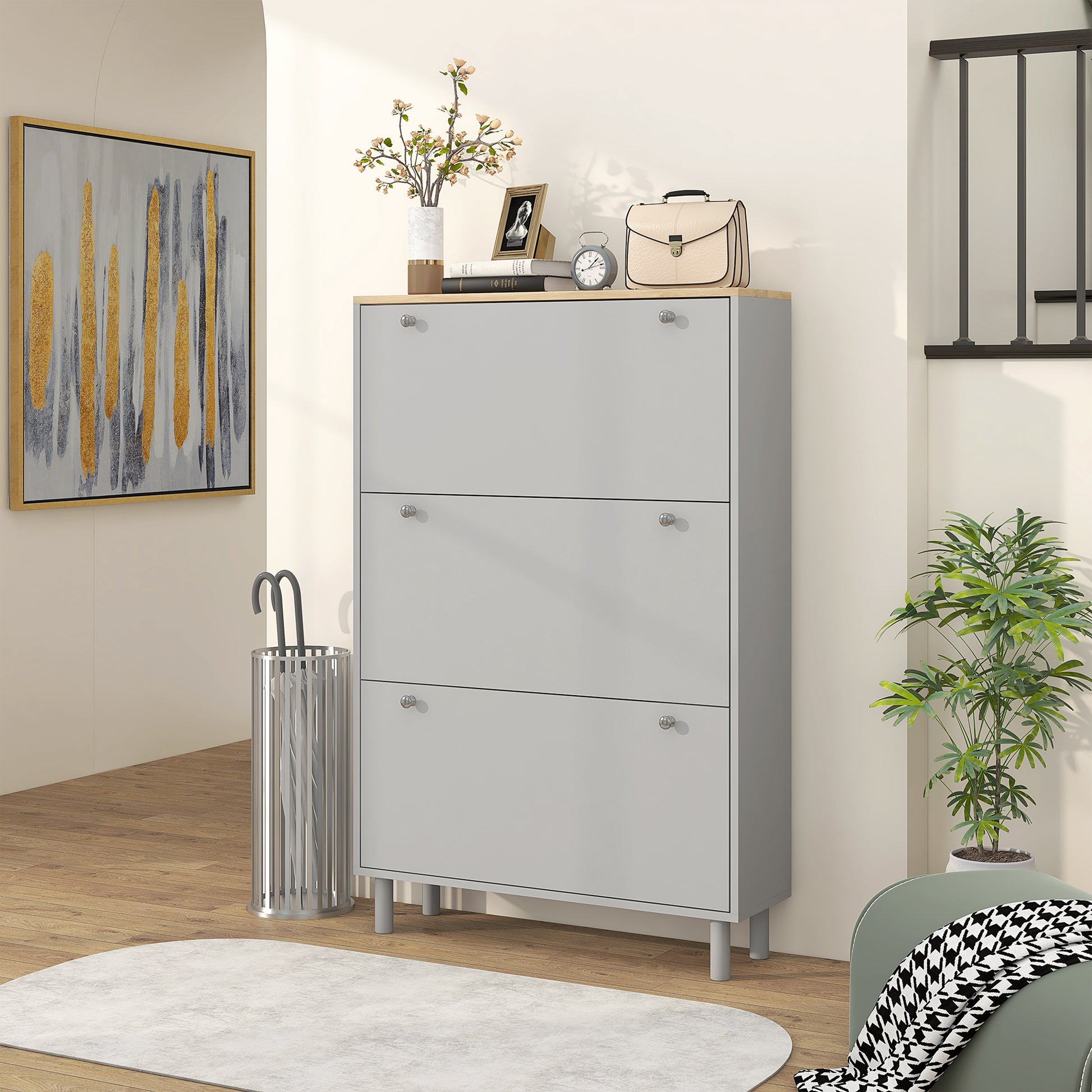 HOMCOM Modern Grey Entryway Shoe Storage Cabinet, 3 Flip Drawers, 24-Pair Capacity