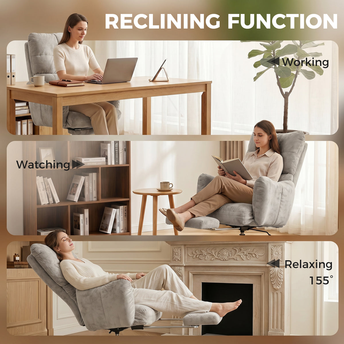 Office Chair with Footrest, Ergonomic Reclining Computer Gaming Chair with Snow Flannel Fabric, Light Grey