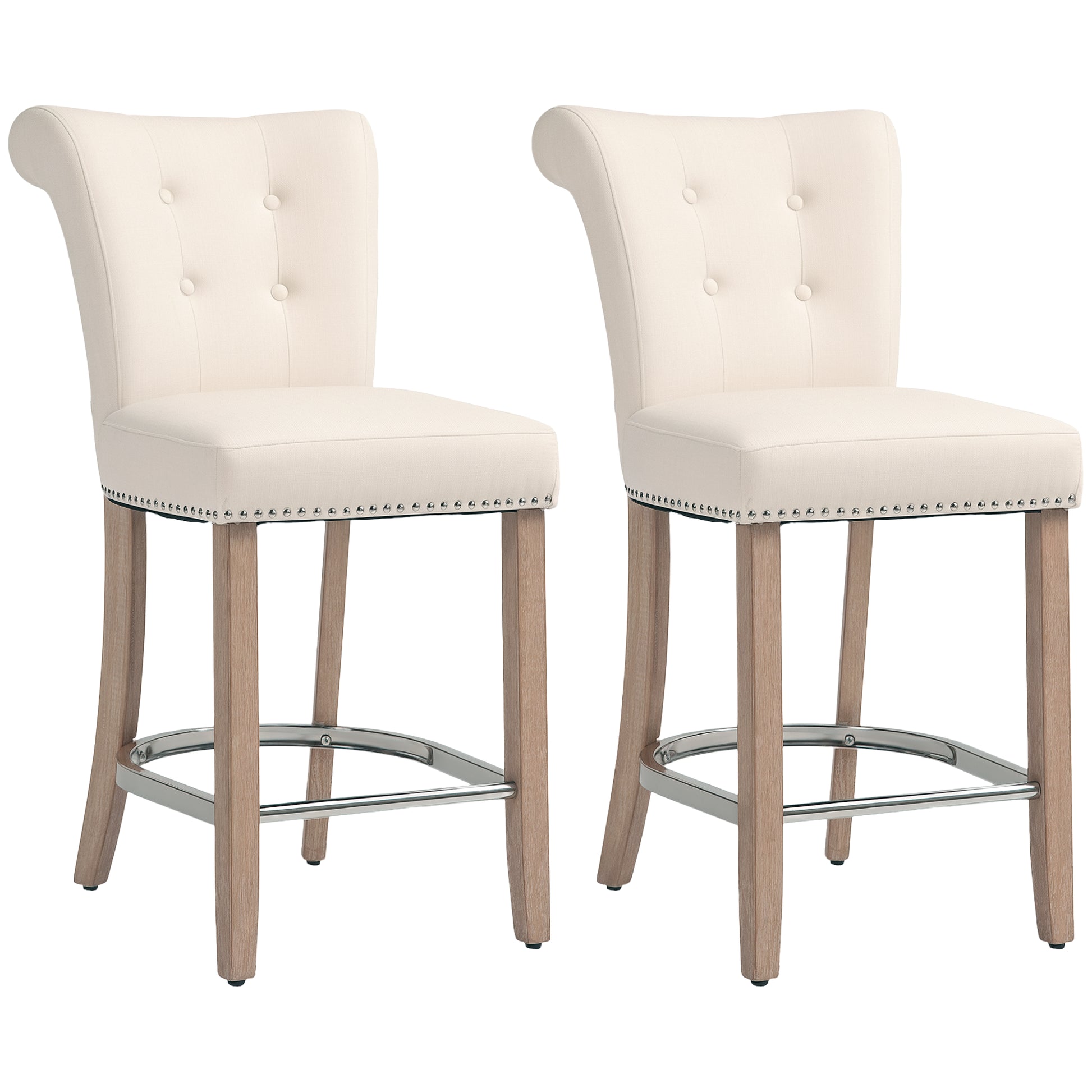 HOMCOM Set of Two Cream White Upholstered Counter Height Bar Stools