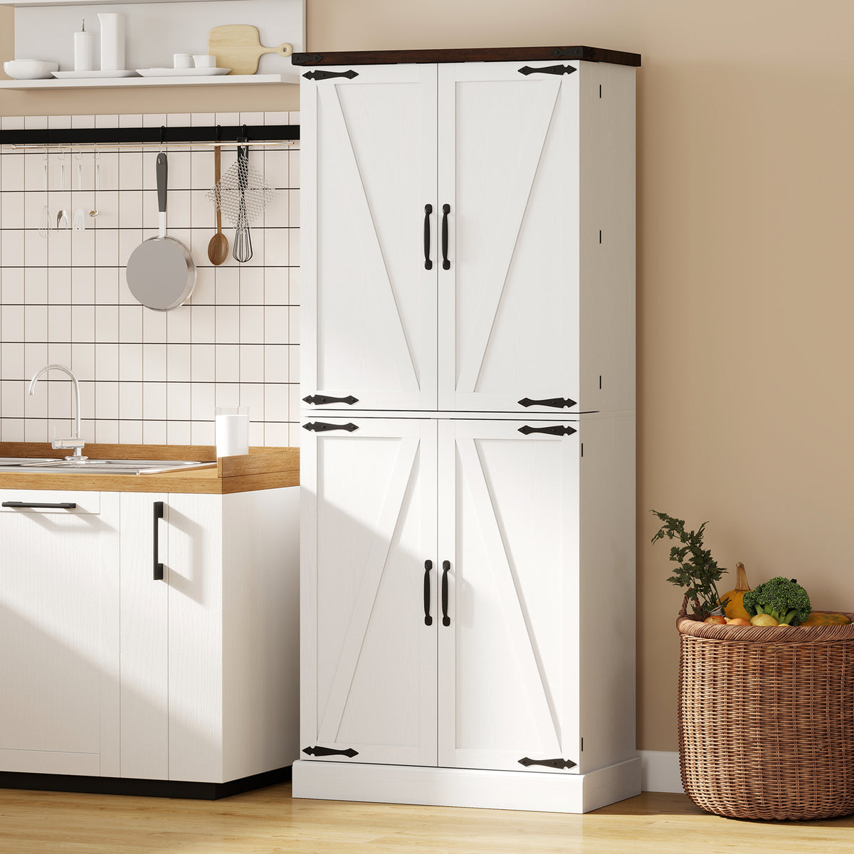 Farmhouse Storage Cabinet with 8 Door Racks and Adjustable Shelves – 30"W x 72"H