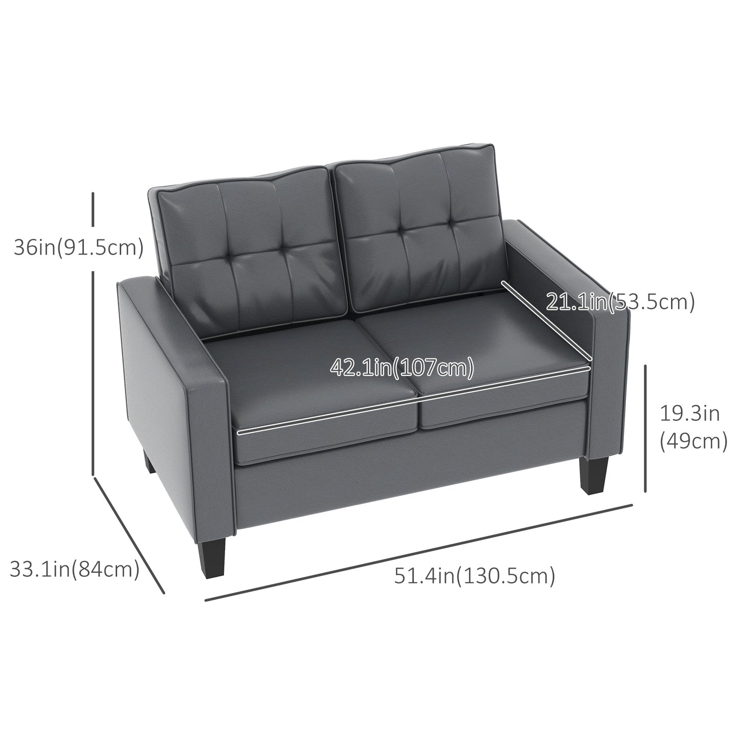 HOMCOM Grey 130cm PU Leather Loveseat Double Sofa, Tufted Backrest, Pocket Spring Comfort