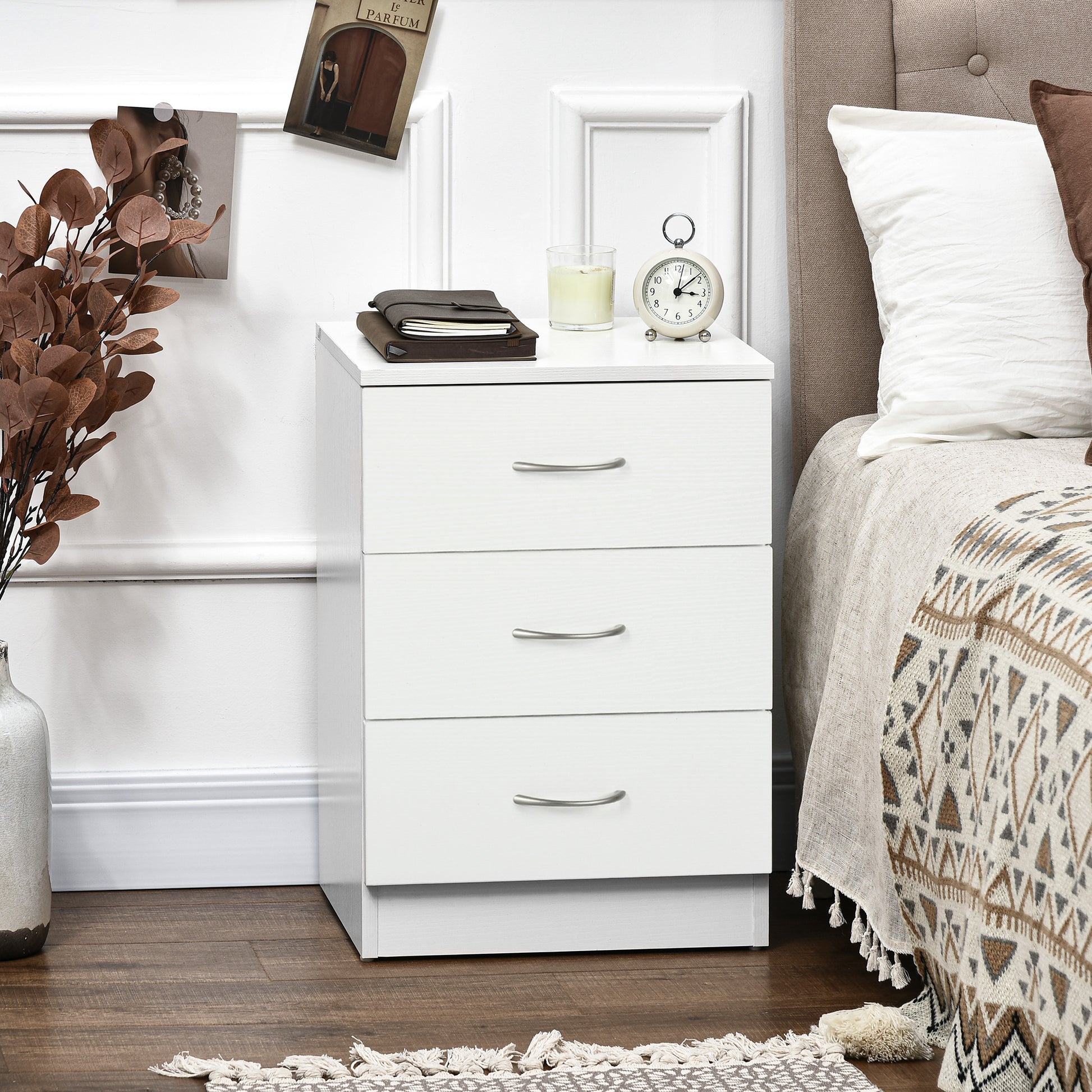 Modern White 3-Drawer Wooden Nightstand Bedside Table with Storage for Bedrooms