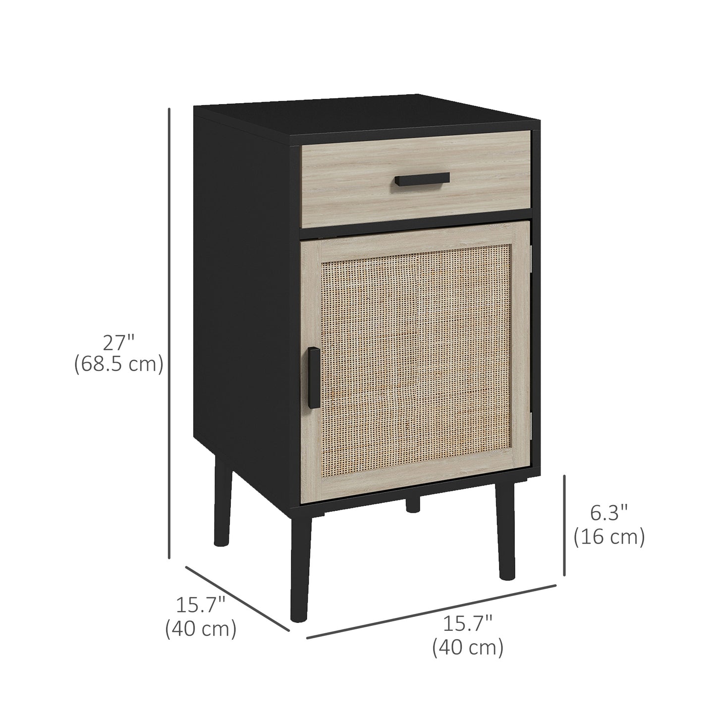 Elegant Dual Boho Rattan Nightstands with Drawer, Adjustable Shelf, Black Finish