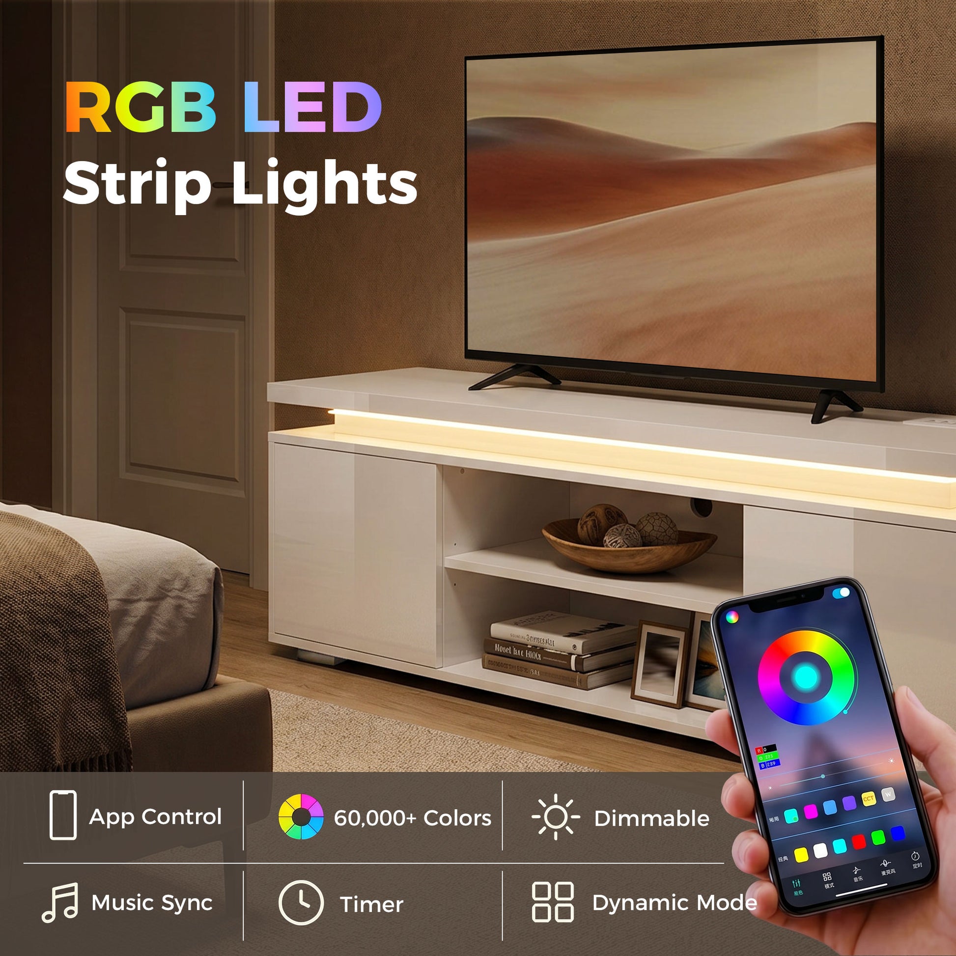 HOMCOM TV Stand with LED Lights, High Gloss White