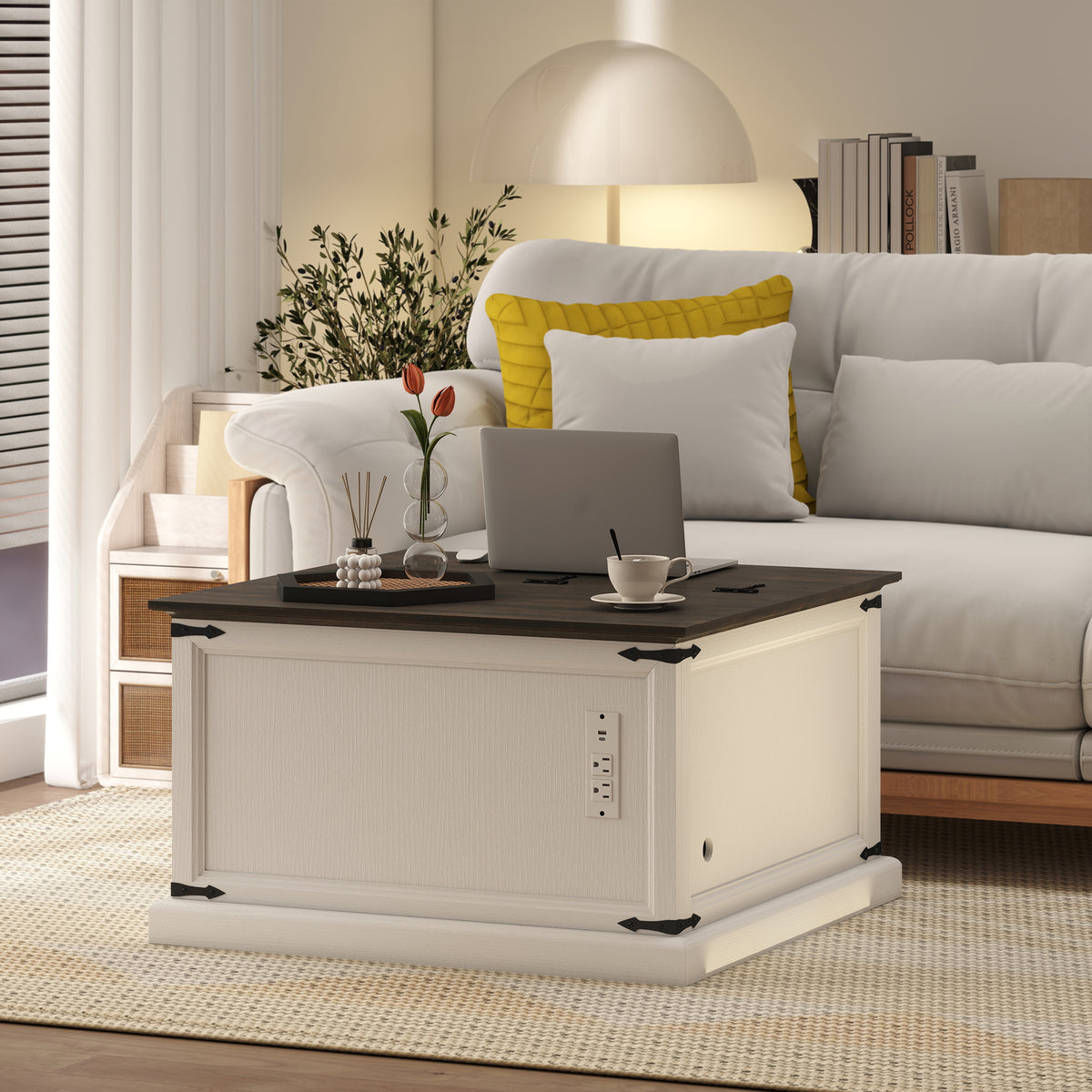 Square Lift-Top Coffee Table with Charging Station and Hidden Storage