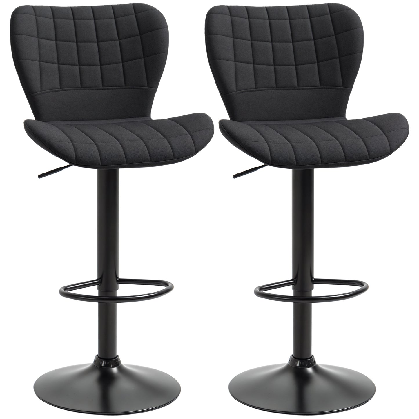 Set of 2 Adjustable Height Swivel Bar Stools, Linen Fabric, Backrest, Footrest, Black