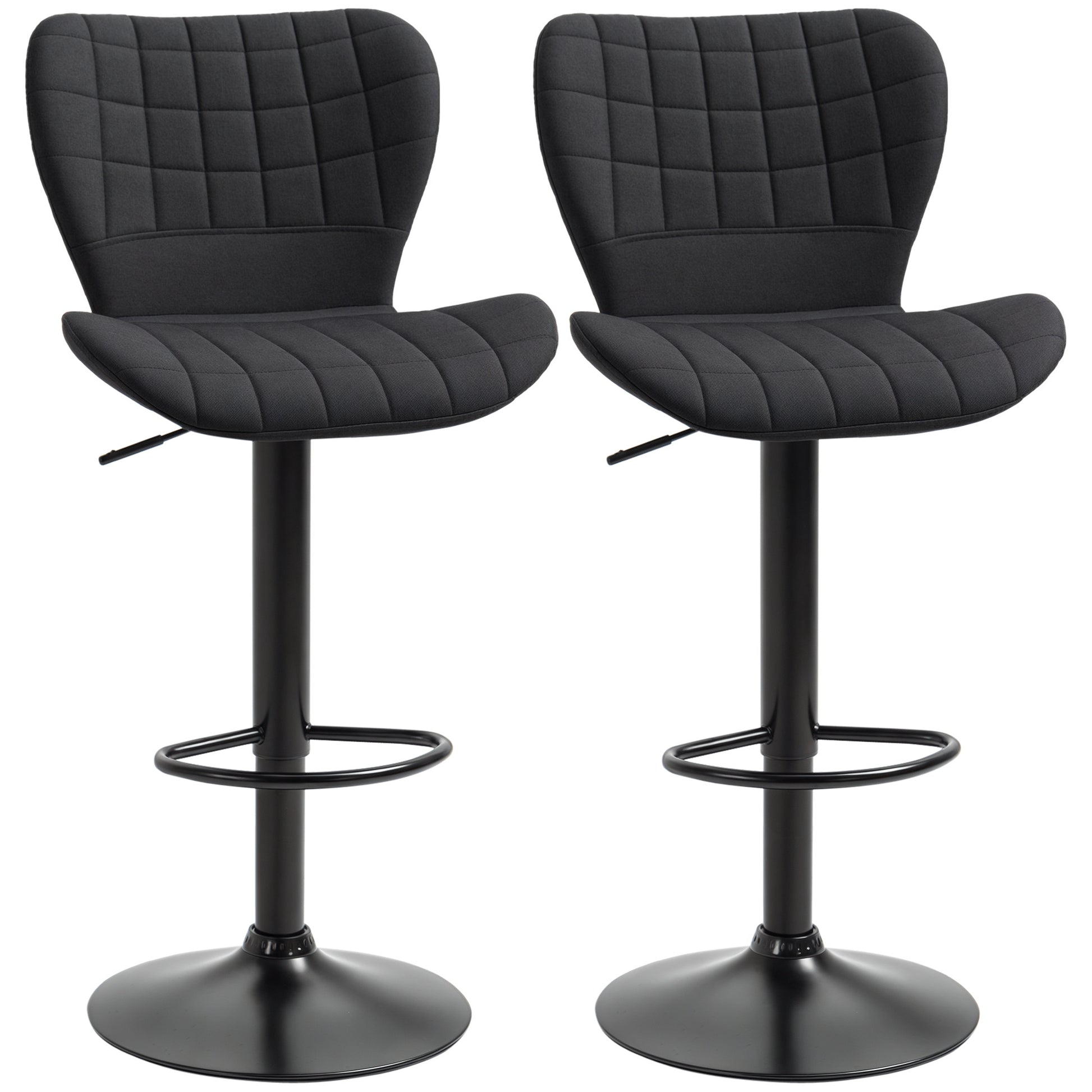 Set of 2 Adjustable Height Swivel Bar Stools, Linen Fabric, Backrest, Footrest, Black
