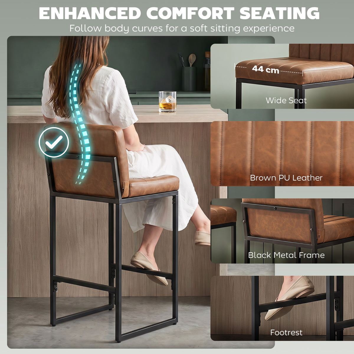 Retro Padded PU Leather Counter Stools with Back and Metal Legs, Set of 2, Brown