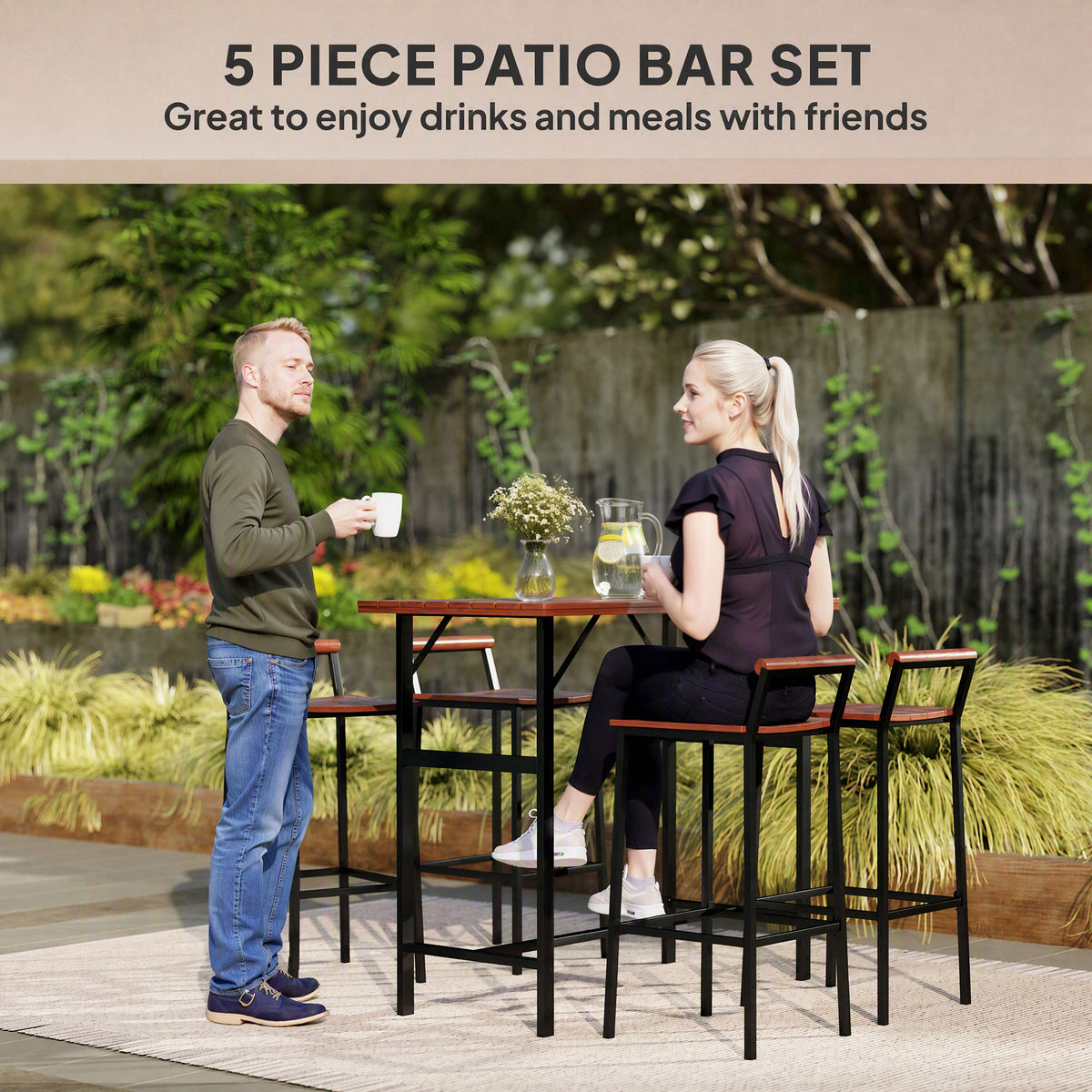5 Piece Patio Bar Set with 47" Bar Height Table and 4 Bar Stools, for Backyard, Balcony, Porch, Pool, Lawn