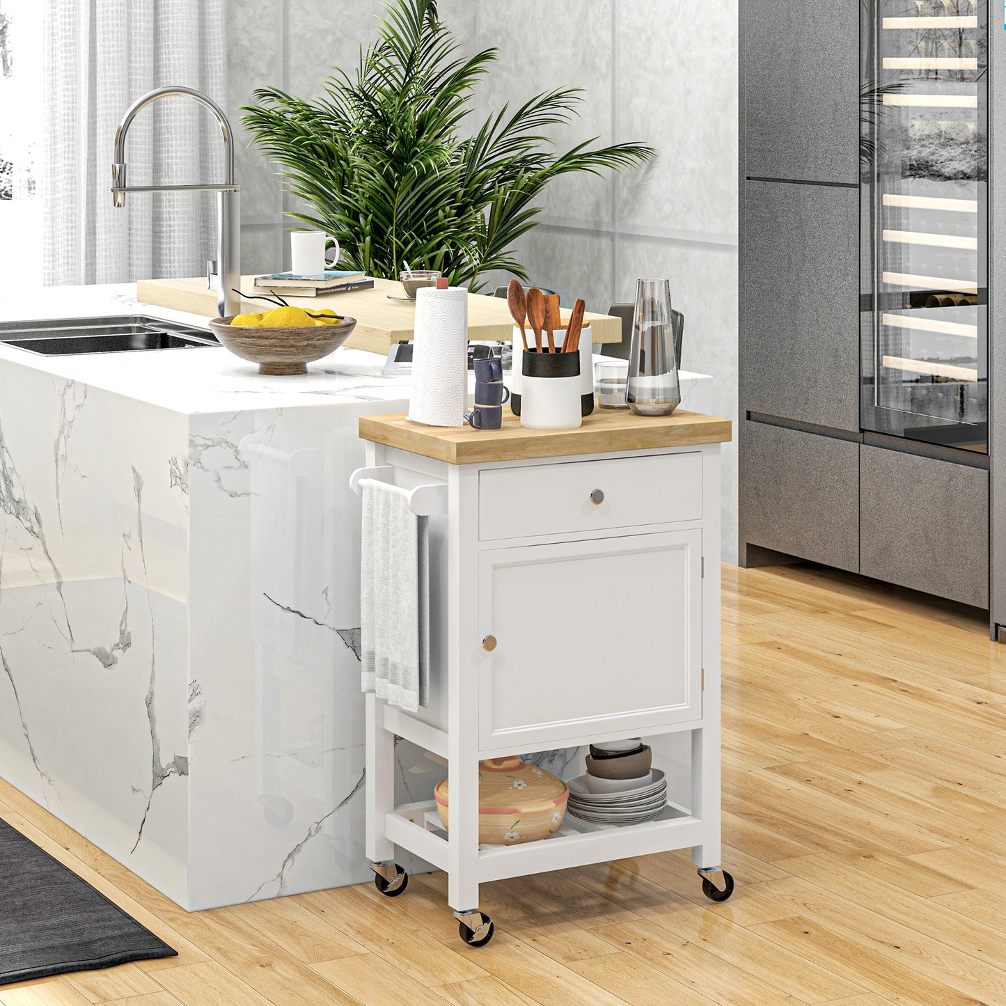 HOMCOM Rolling Kitchen Island Cart With Wood Top, White