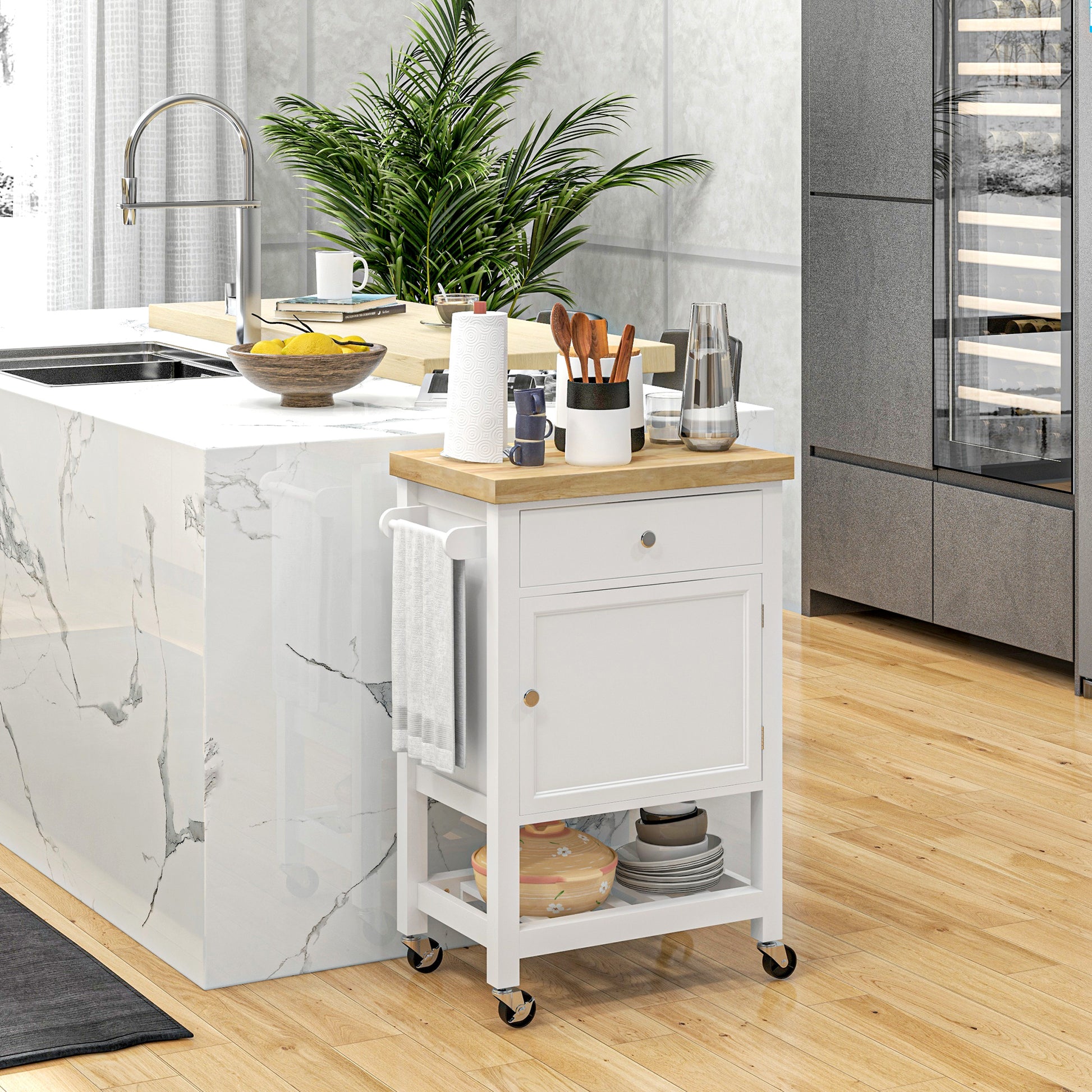 HOMCOM Rolling Kitchen Island Cart With Wood Top, White