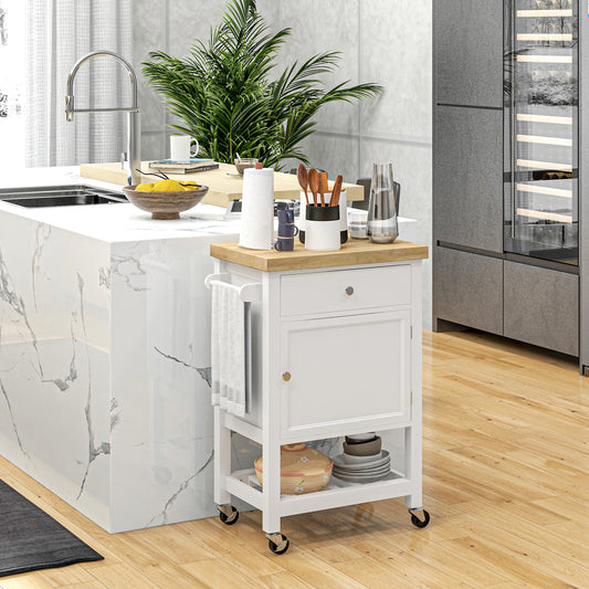 HOMCOM Rolling Kitchen Island Cart With Wood Top, White