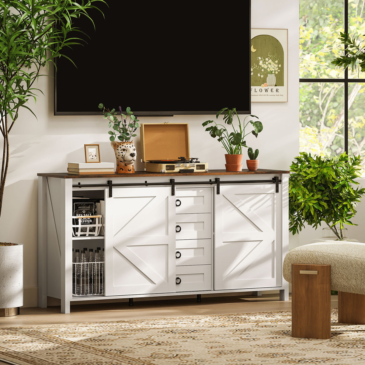 Farmhouse Sideboard with Sliding Barn Doors – 60"W x 31"H