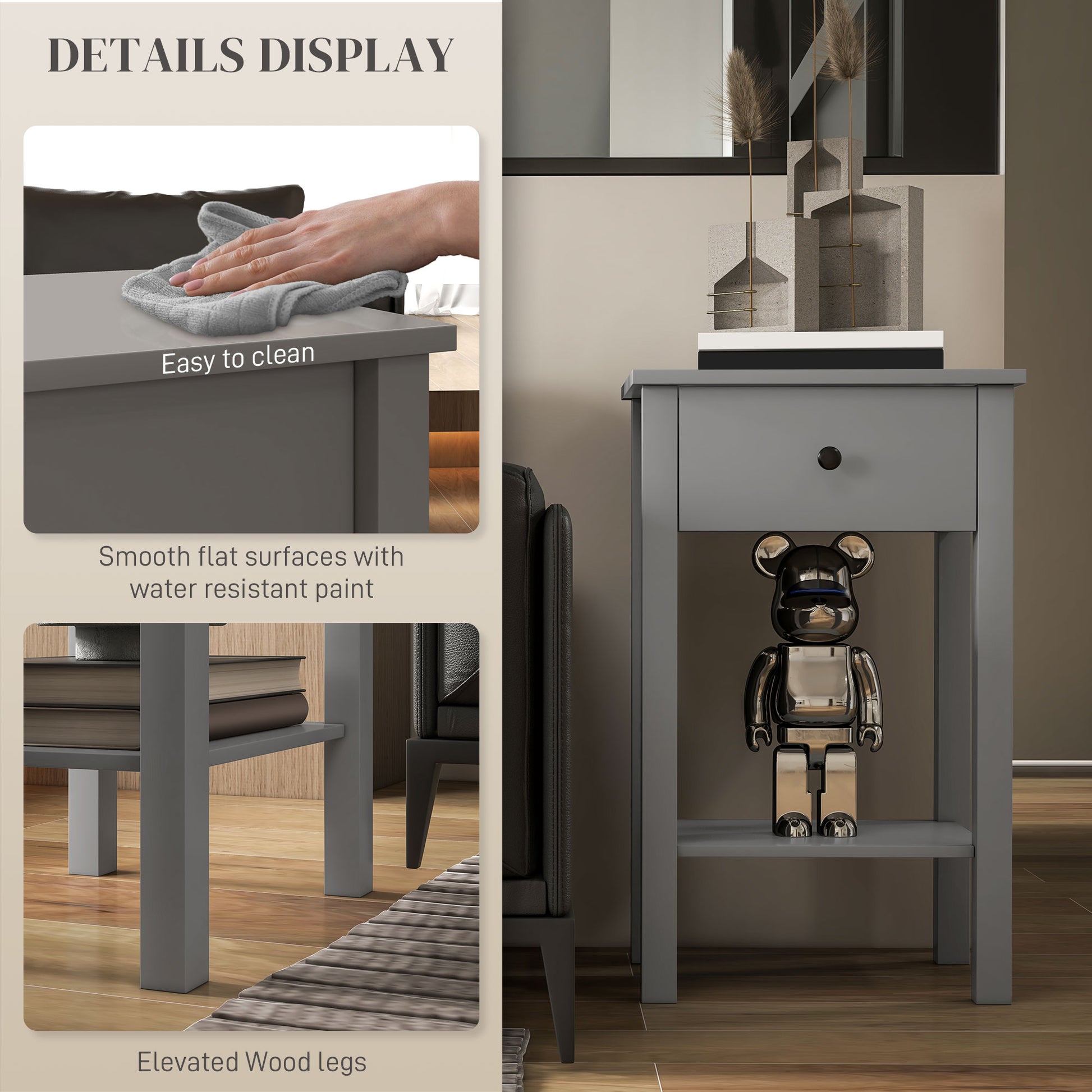 HOMCOM Grey 2-Piece End Tables with Drawer and Bottom Shelf