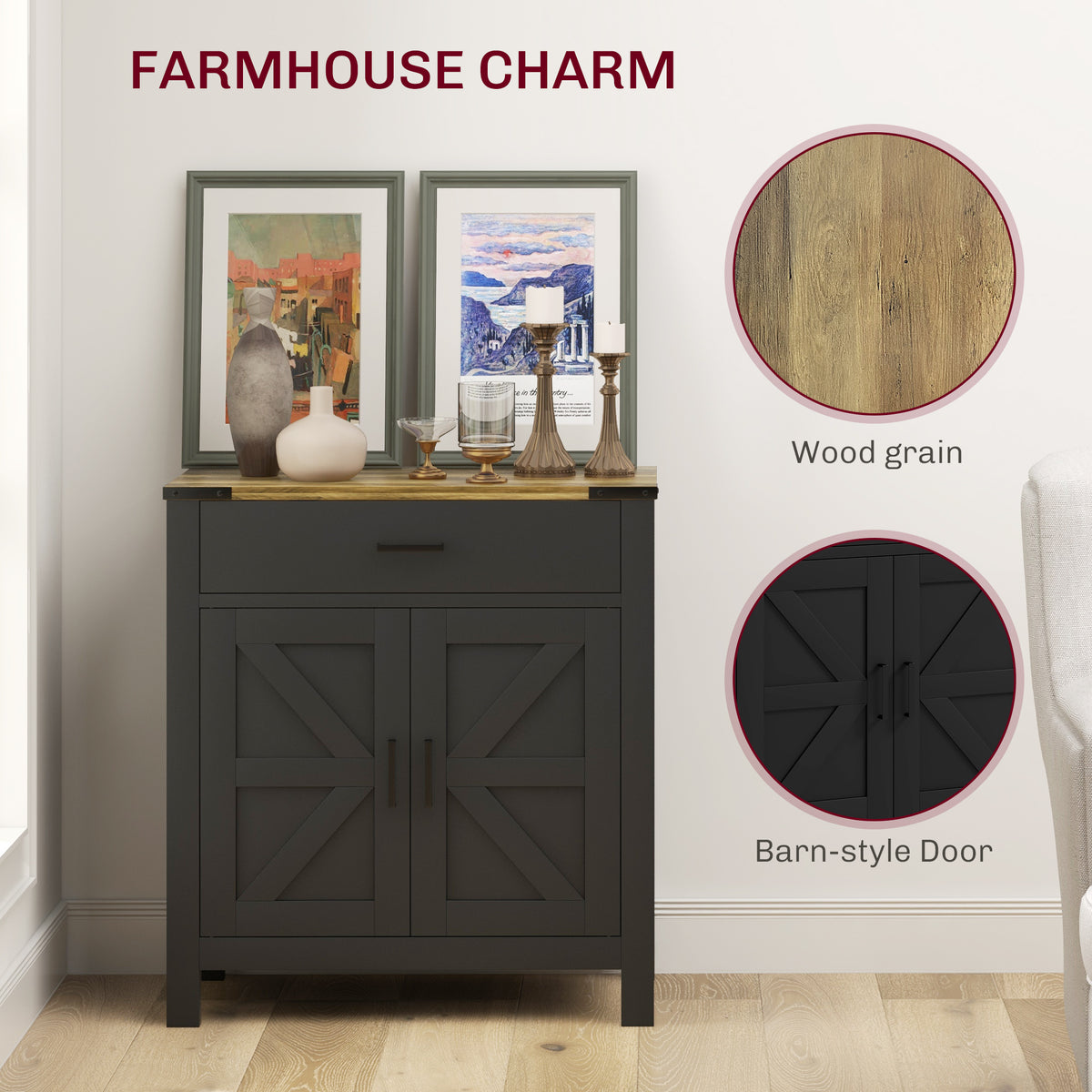 Farmhouse Kitchen Storage Cabinet with Drawer and Shelf – 31"W x 33"H