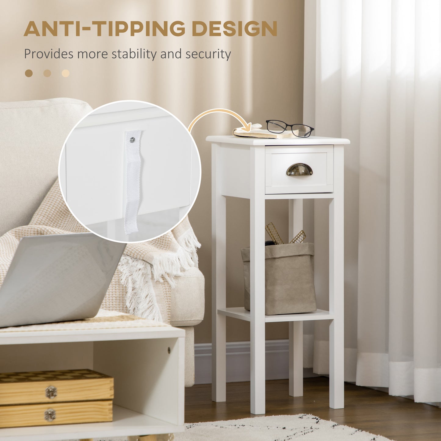 HOMCOM 2-Tier Narrow Tall End Table Set with Drawer & Shelf, White Nightstand