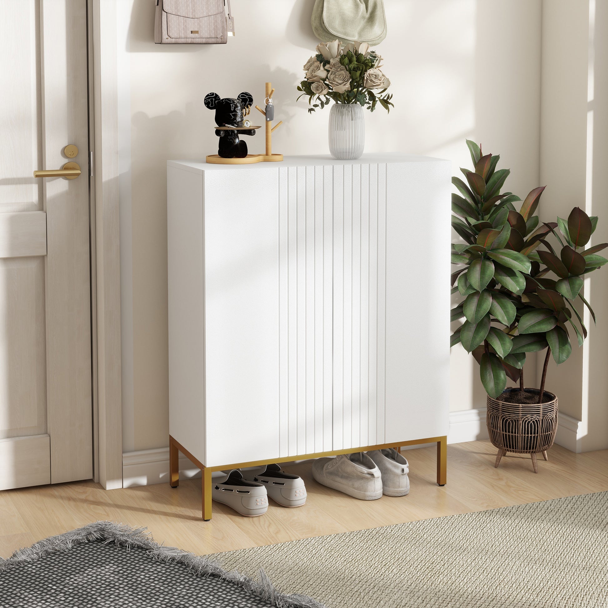 Narrow White Shoe Storage Cabinet: Adjustable Shelves, Soft-Close Hinges, 15-20 Pairs