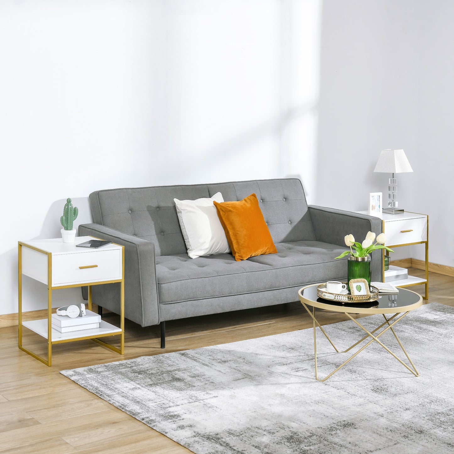 HOMCOM Modern White Gold Nightstand Set with Drawer & Storage Shelf