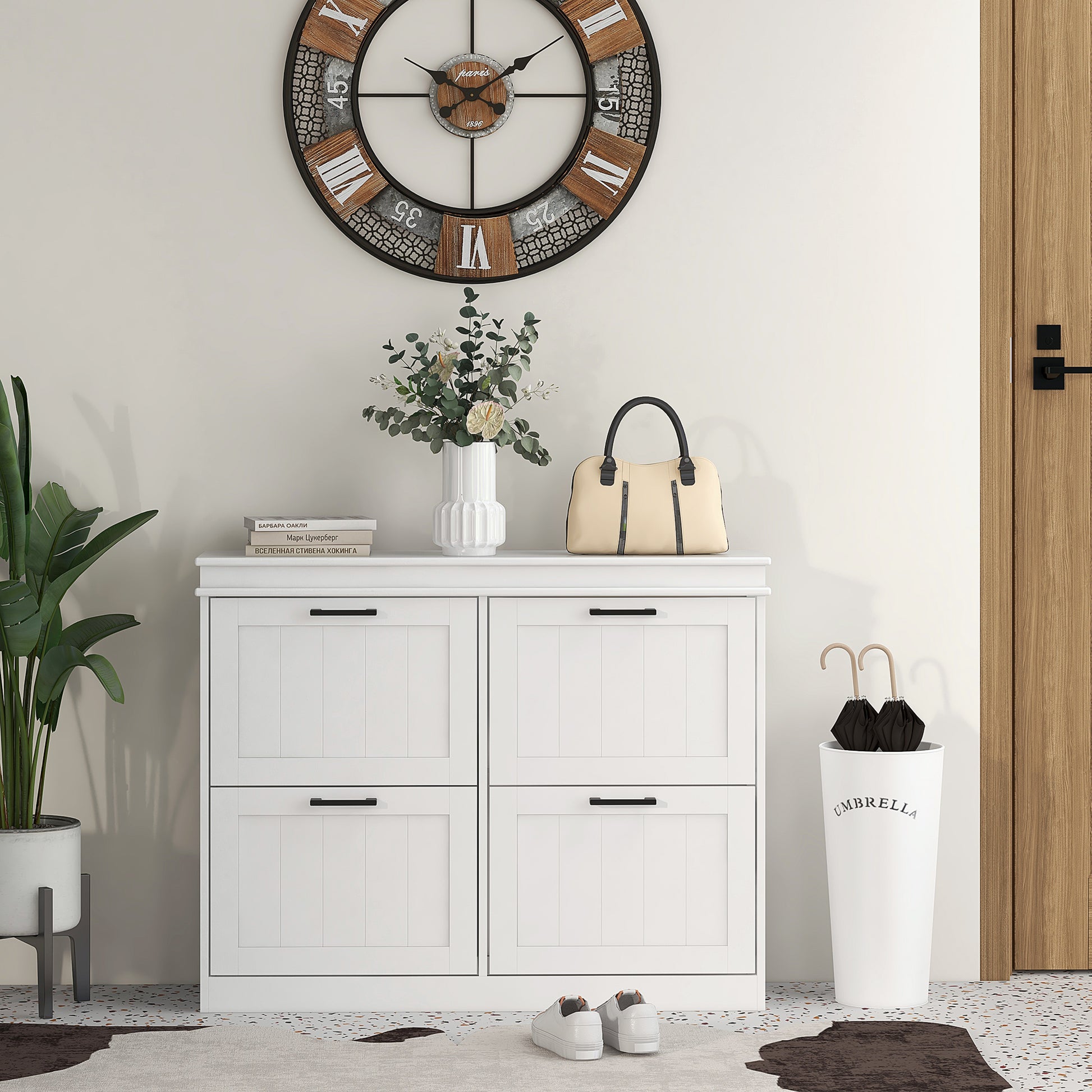 HOMCOM White Narrow Shoe Cabinet with 4 Flip Drawers and Adjustable Shelves