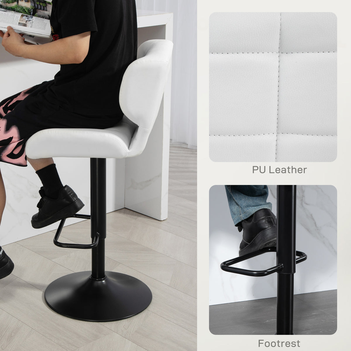 Tufted PU Leather Swivel Bar Stools with Footrest, Set of 2, White