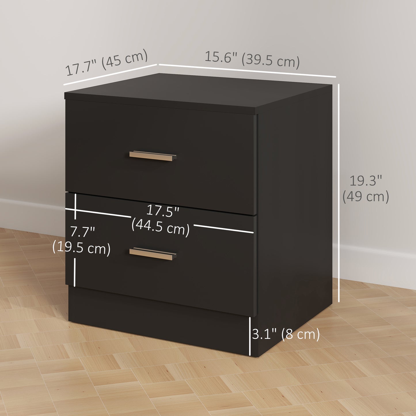 HOMCOM Modern Black 2-Drawer Bedside Table Nightstand for Bedroom Storage