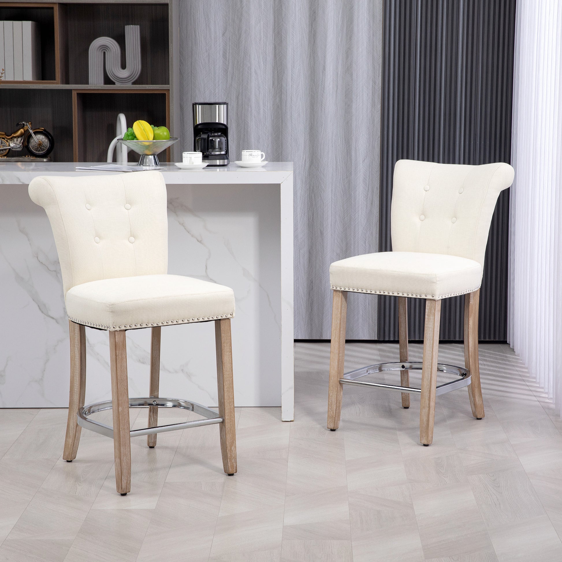 HOMCOM Set of Two Cream White Upholstered Counter Height Bar Stools