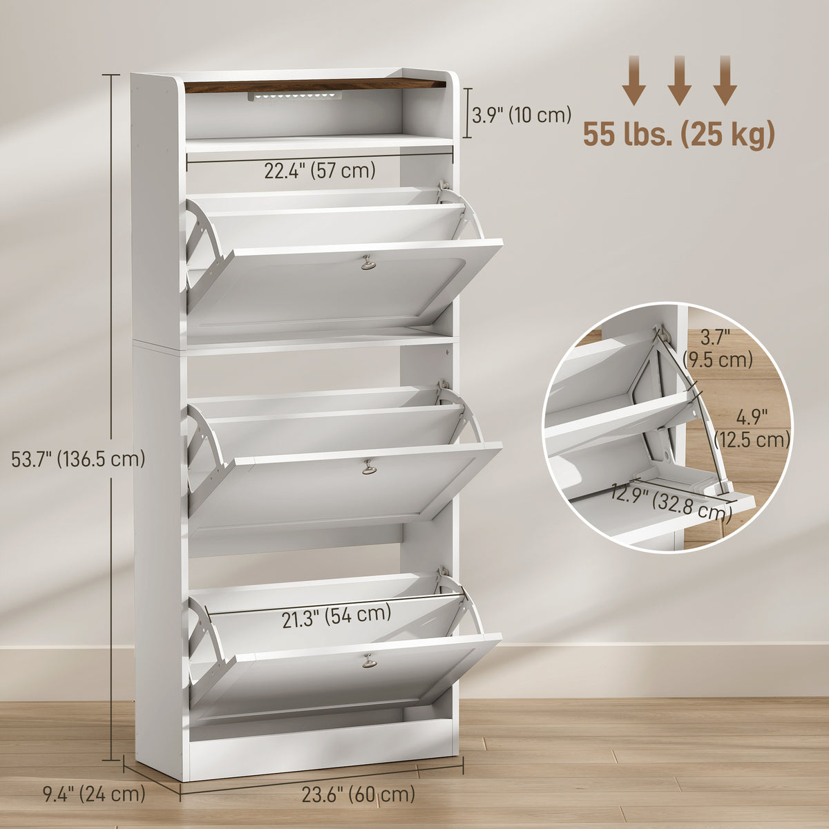 Shoe Cabinet with 3 Flip Drawers and Sensor Light – 24"W x 54"H