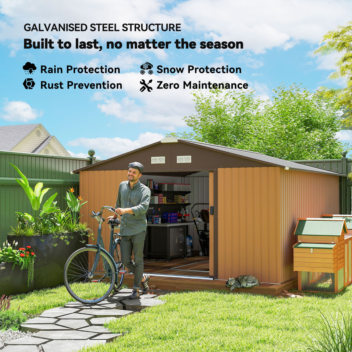 11' x 13'Garden Storage Shed w/ Foundation Kit Metal Tool Storage House w/ Double Doors – Yellow