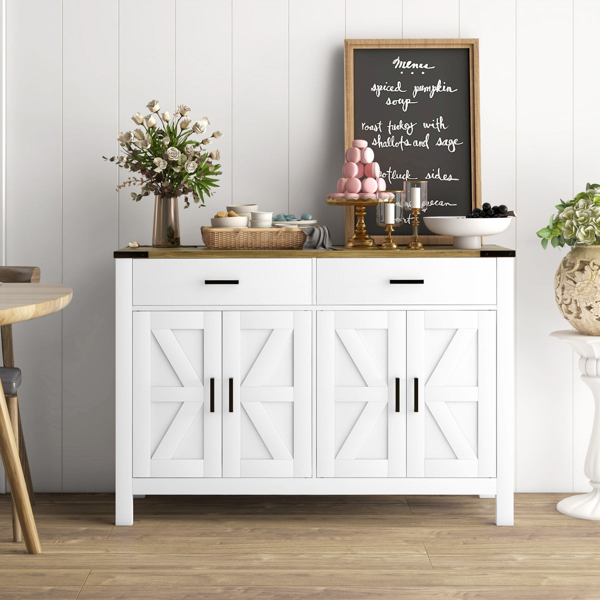 Farmhouse Kitchen Storage Cabinet with 2 Drawers and Shelves – 47"W x 33"H