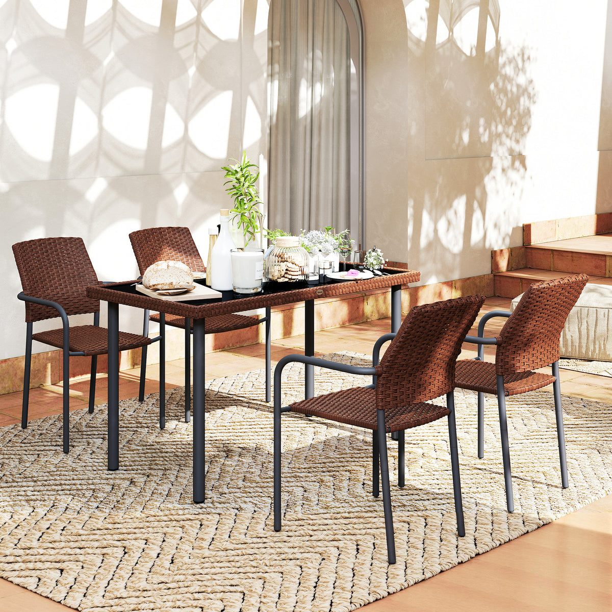 5 Pieces Outdoor Dining Set for 4, PE Wicker Rattan Patio Furniture Set with Stackable Chairs and Glass Table Top